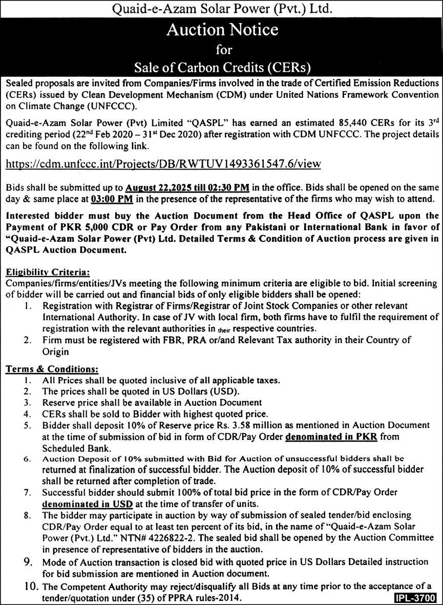 Quaid-e-Azam Solar Power Private Limited Tender Notice